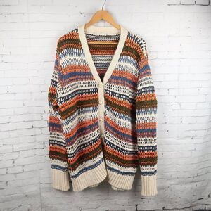 CREAM BLUE ORANGE GREEN HANDMADE HEAVY BUTTON DOWN CARDIGAN SWEATER SIZE XL